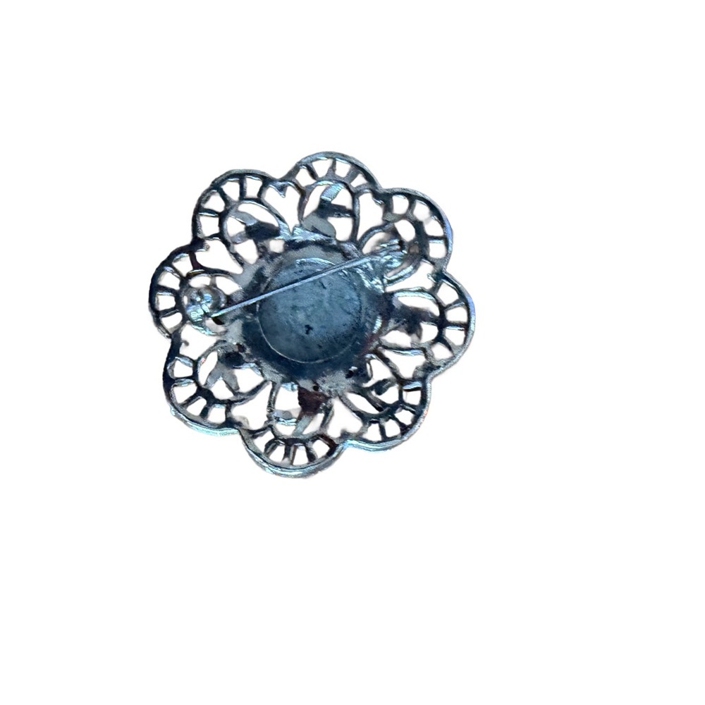 Vintage Silver Filigree Floral Brooch with Labradorite Center 2 Inch - Picture 3 of 4